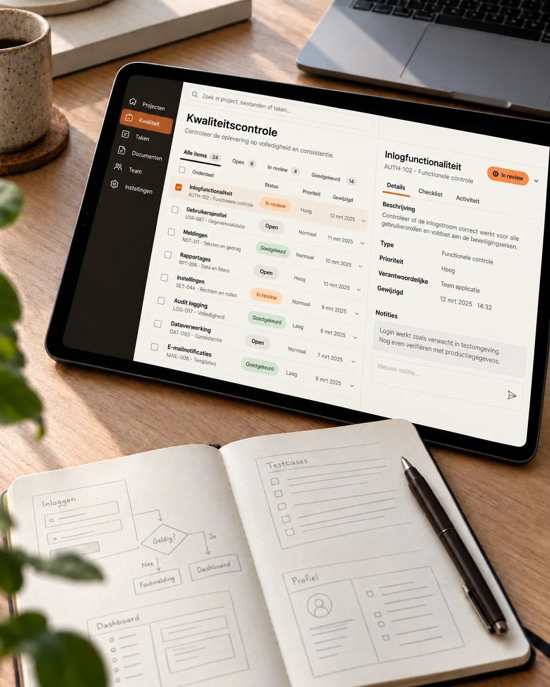 Illustratief detail van software testen op een tablet naast interfaceschetsen