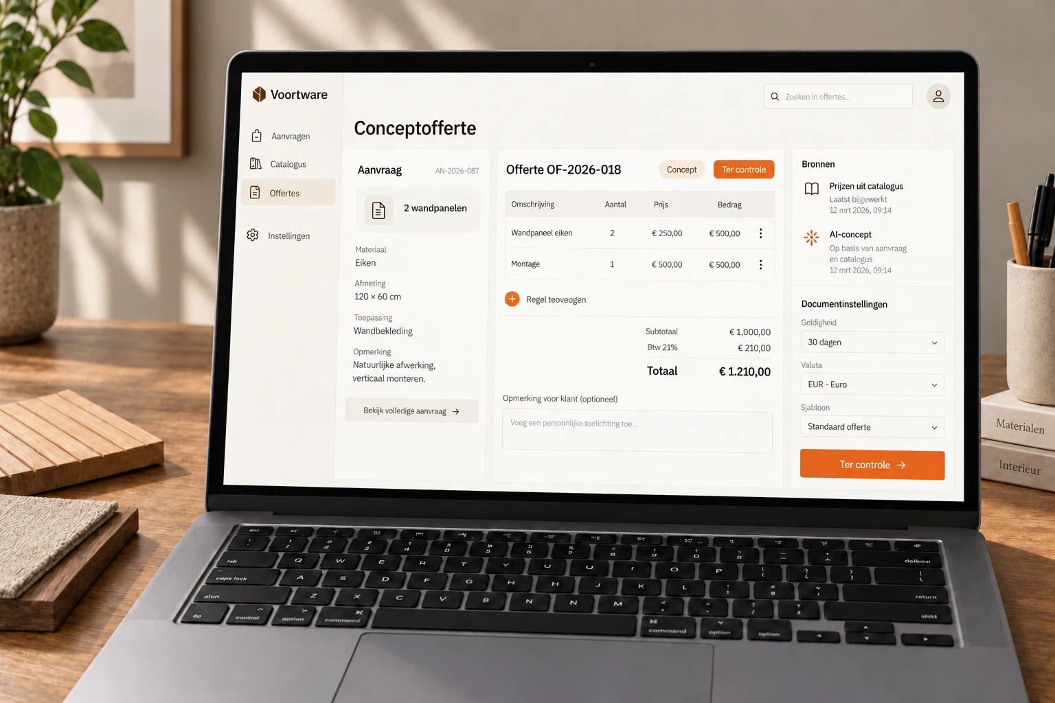 Illustrative quoting interface with a request, catalogue prices, VAT and a draft for review