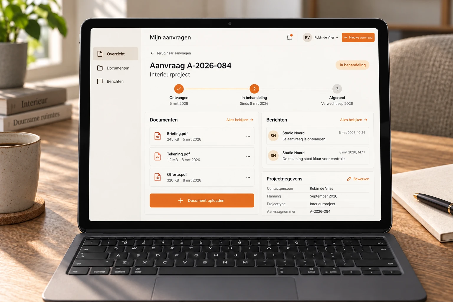 Illustrative client portal with documents, statuses and messages