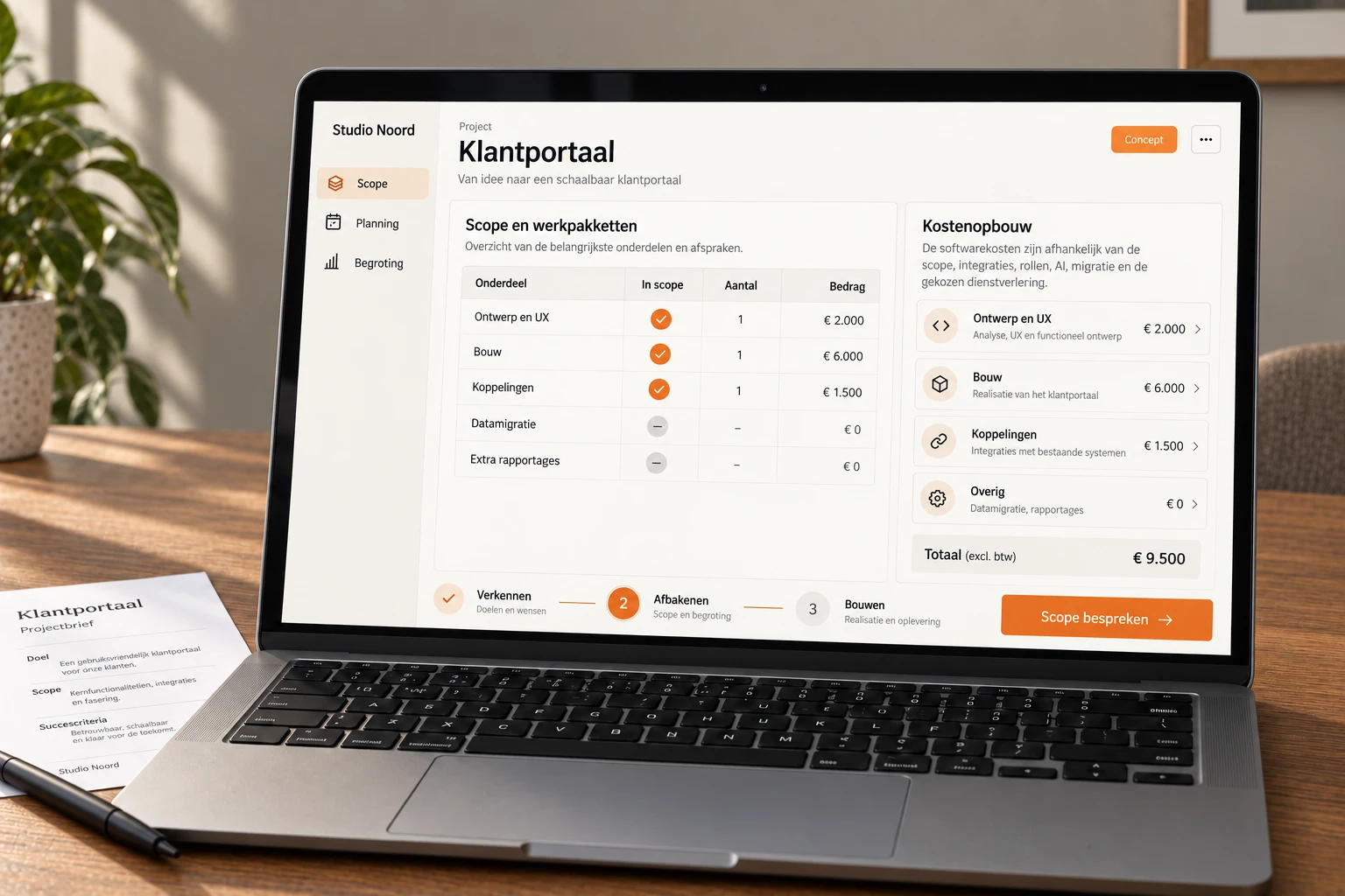 Illustrative project budget showing scope, integrations and cost structure for a client portal