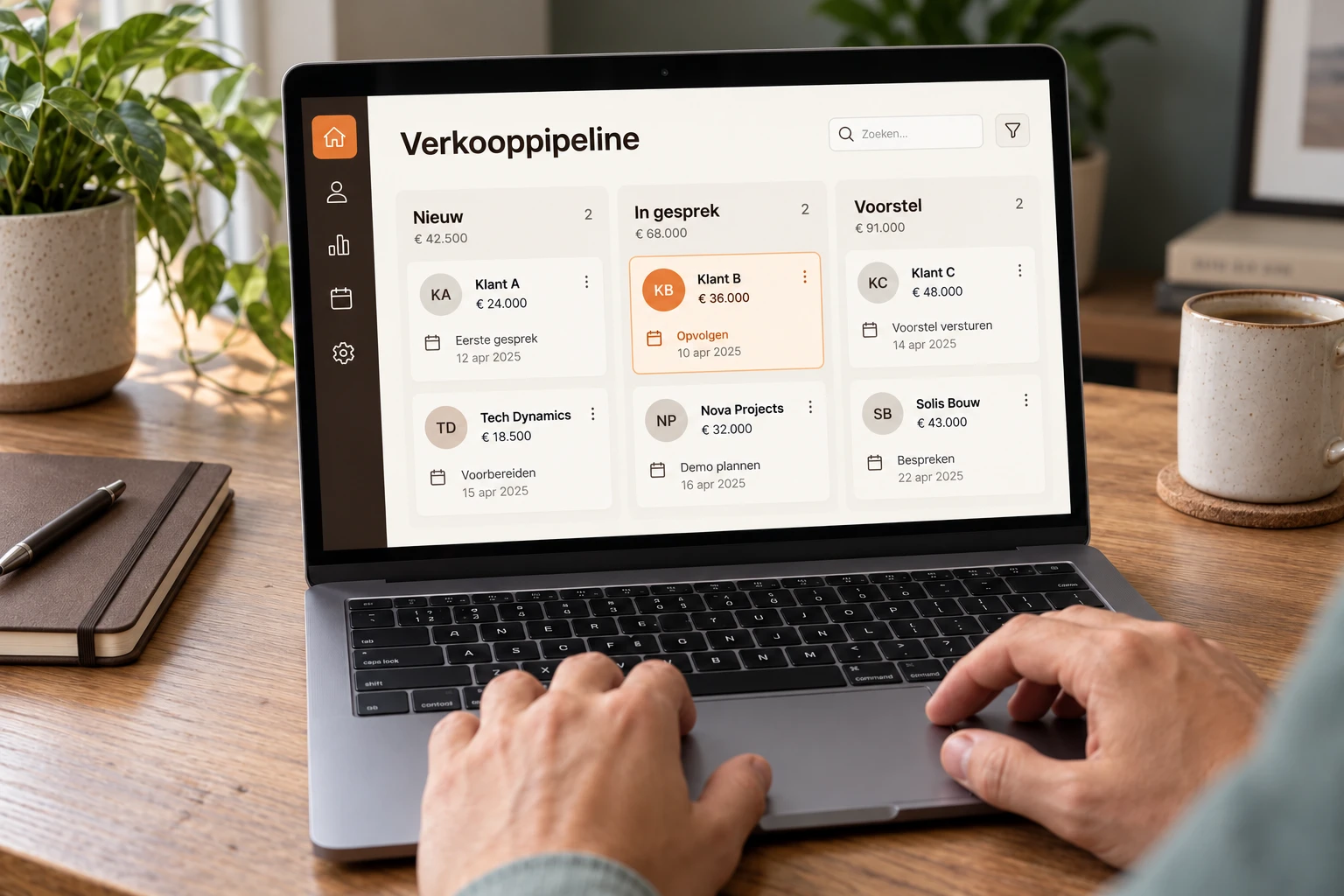Illustrative sales pipeline in a CRM on a laptop